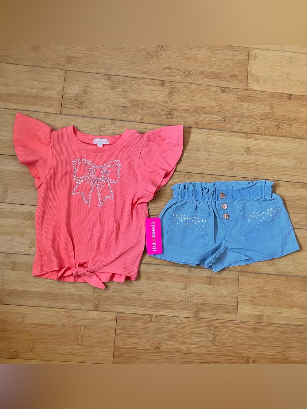 Nwt Girls Size 5 Outfit -Coral Gem Bow Top & Light Blue Gem Shorts Matching Set